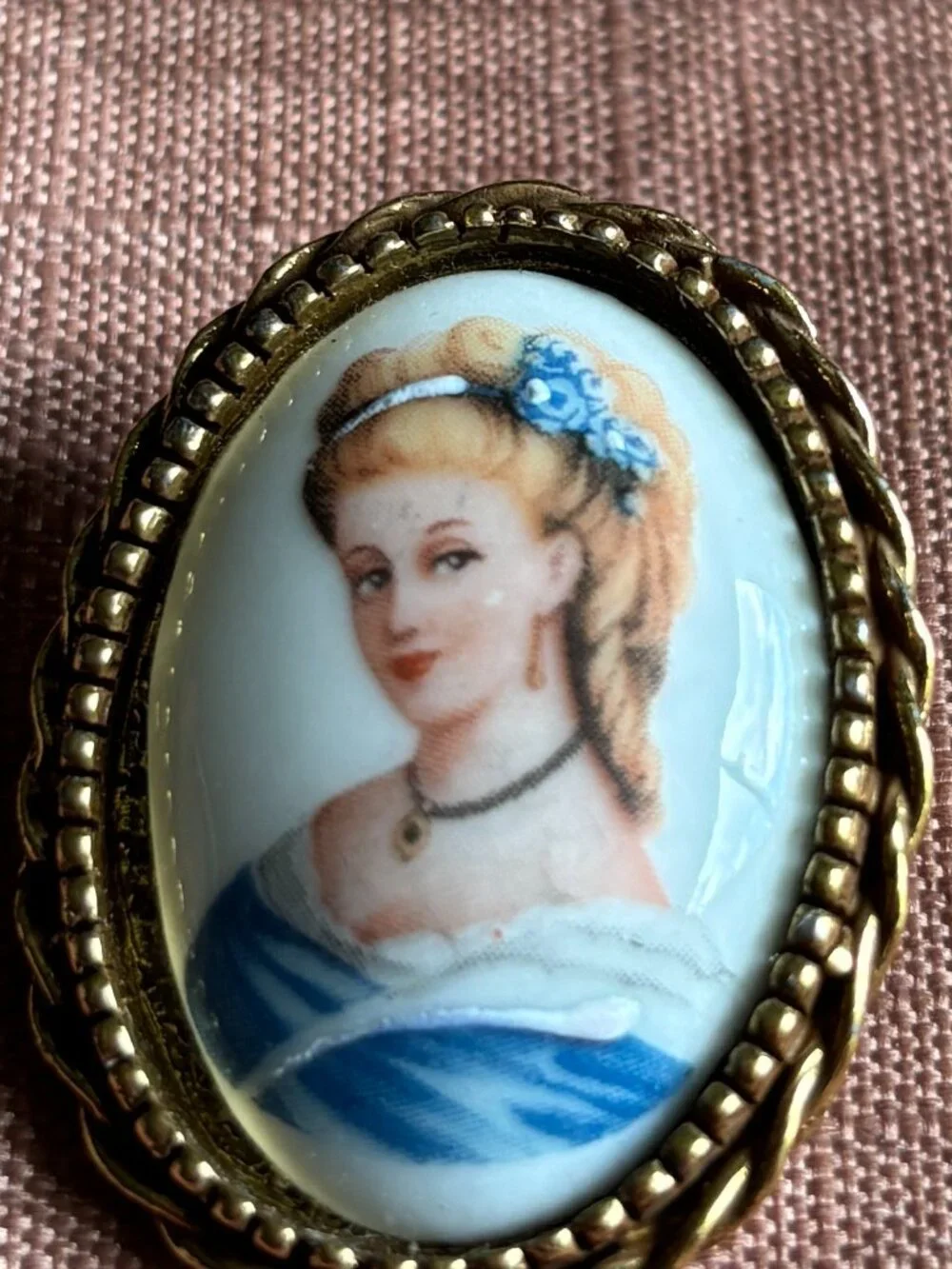 Vintage GOLDETTE NY Limoges Porcelain Portrait Brooch Lady in Blue Dress
